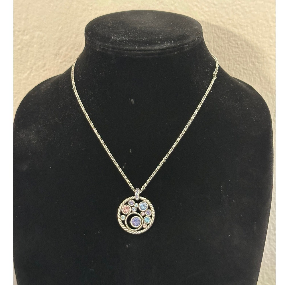 Brighton Silver Tone Halo Multi Color Crystal Circle Pendant Necklace 18"